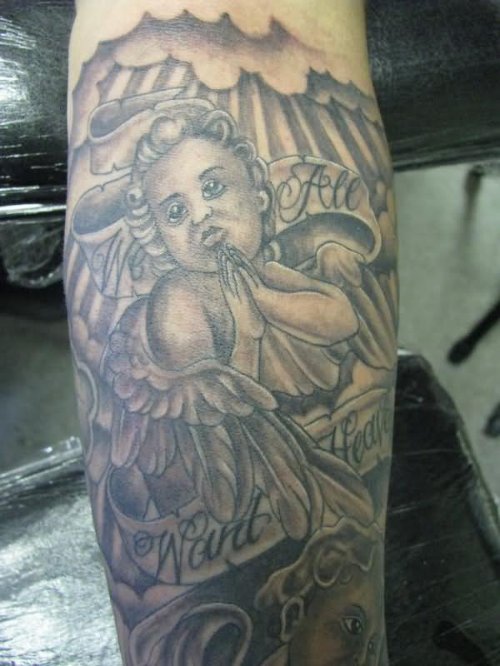 Praying Baby Angel Tattoo On Sleeve